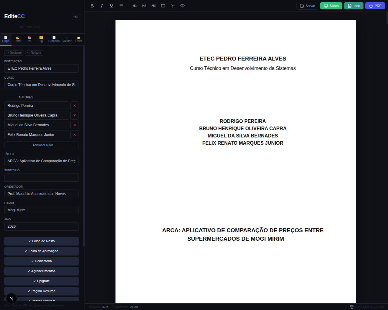 Editor EditeCC com formatação ABNT